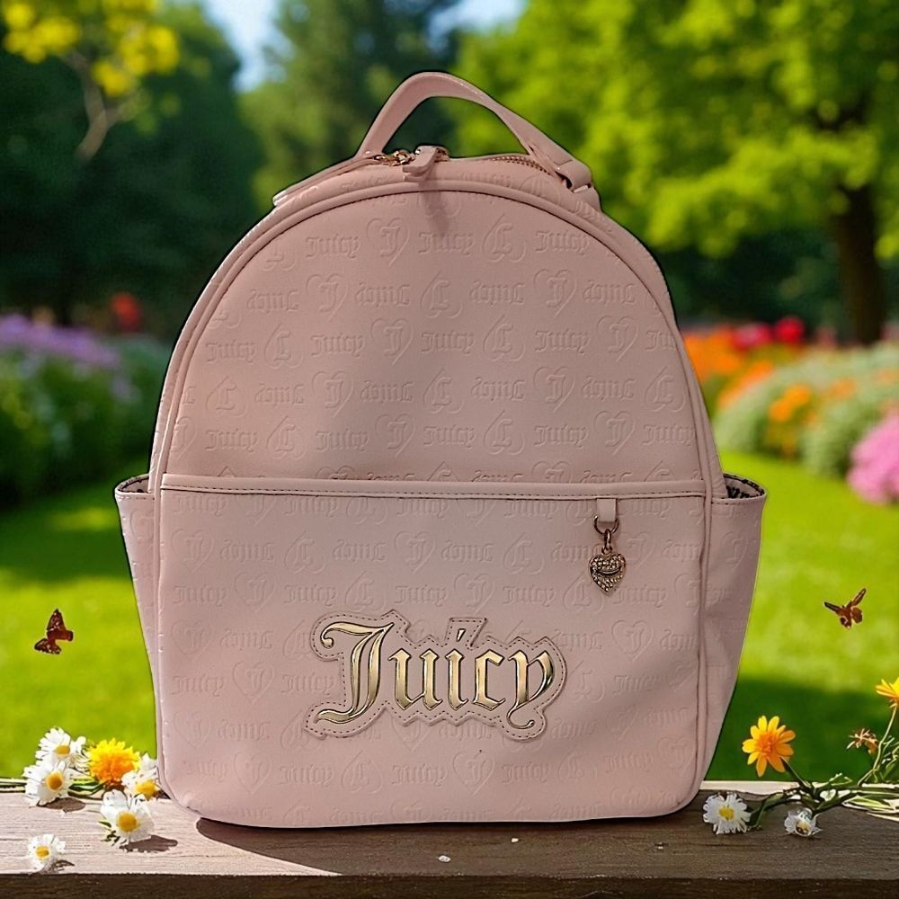 Juicy Couture Pink Faux Leather Backpack Monogram Gold Logo School Travel Bag